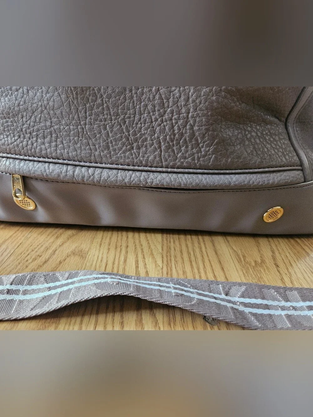 DKNY Gray Pebbled Leather weekender Duffel with Striped Detachable Strap